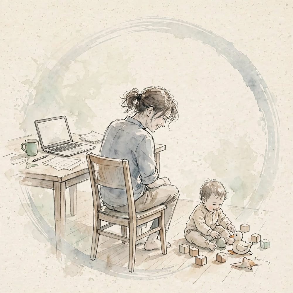 Ink drawing: a parent at a laptop turns with a smile to their child playing with blocks nearby — a wide ensō circle frames the scene.
