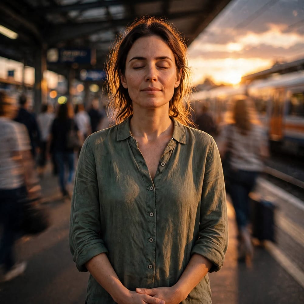A woman stands with her eyes closed on a station platform in the evening light while people hurry past around her.
