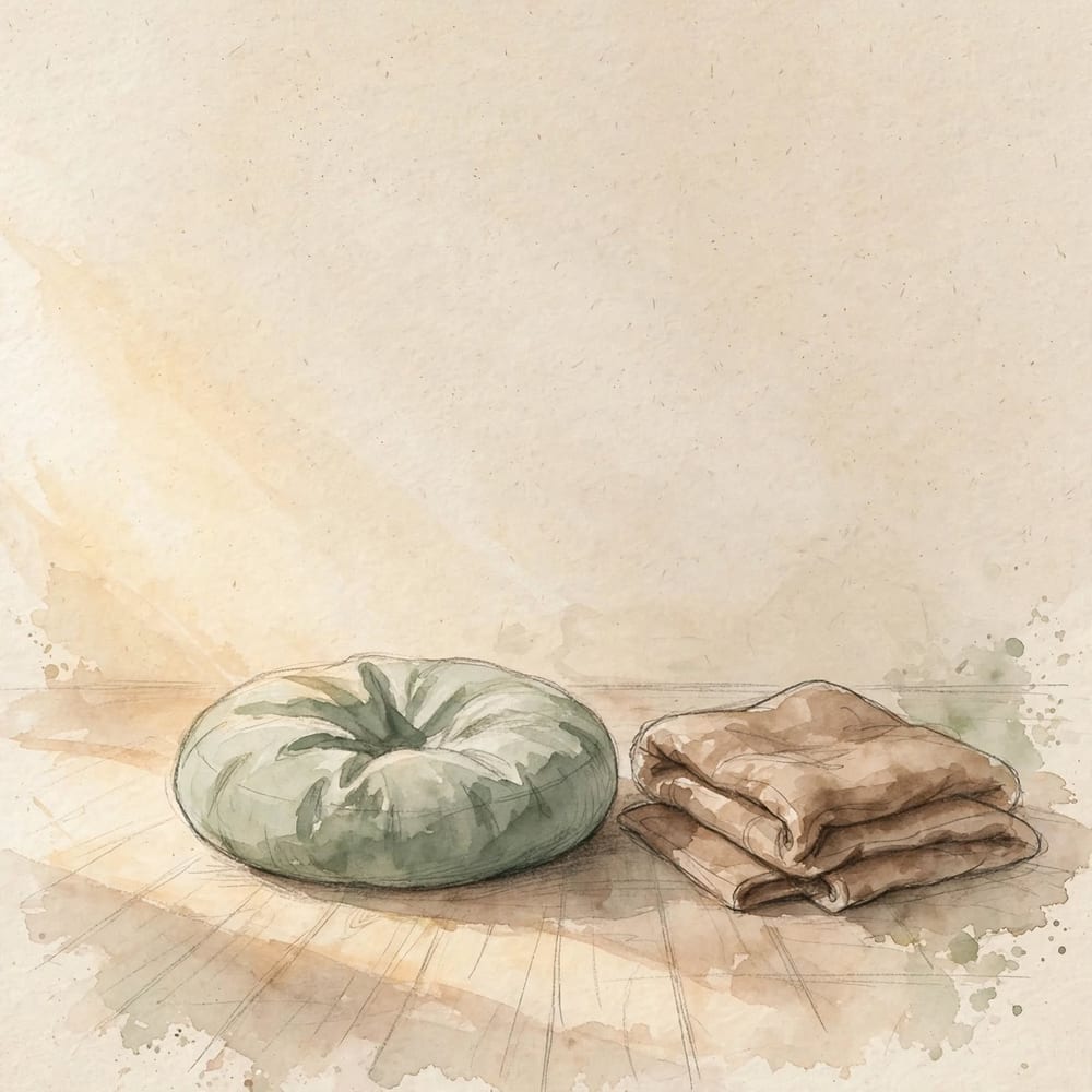Ink drawing: an empty meditation cushion on a wooden floor, a folded blanket beside it, in morning light.