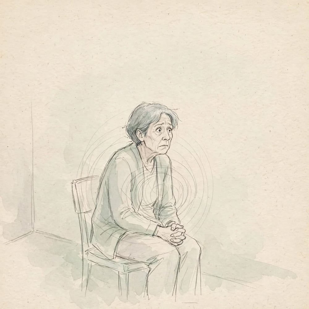 Ink drawing: someone sitting curled inward, hands clasped tight, faint circling lines around the chest.